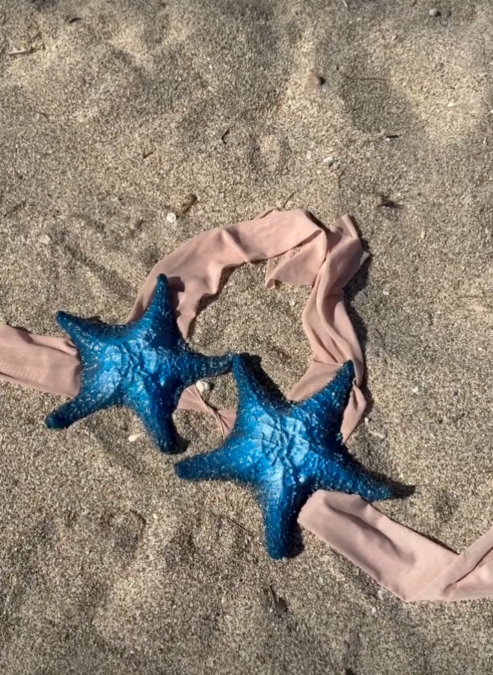 Blue starfish silicone mermaid top on beach sand